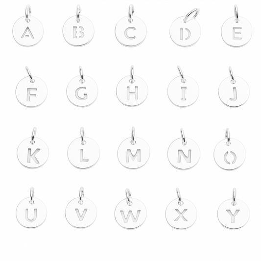 Hollow Alphabet disc charm, silver disc with letter A