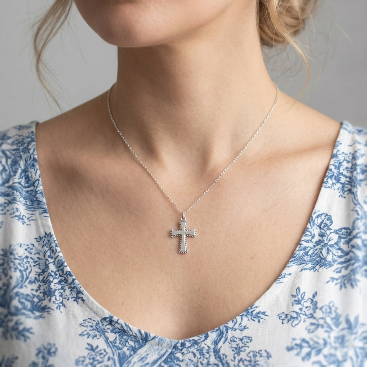 Oxidised beaded cross charm necklace pendant on chain, silver-tone cross with studded rim