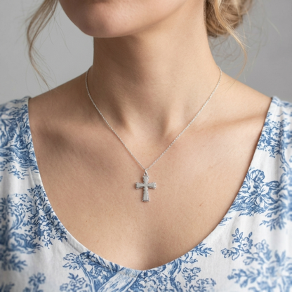 Oxidised beaded cross charm necklace pendant on chain, silver-tone cross with studded rim