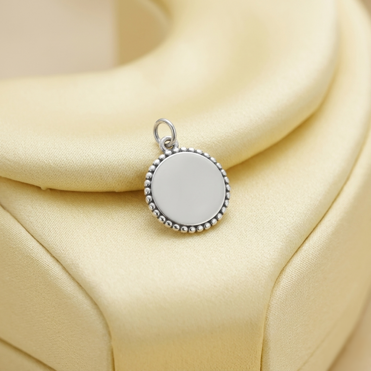 Oxidised Beaded Circle Charm on chain, round center with bead-edged frame