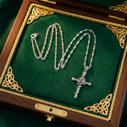 Oxidised Rose Thorn Cross necklace set in a jewelry box, chain with twisted cross pendant