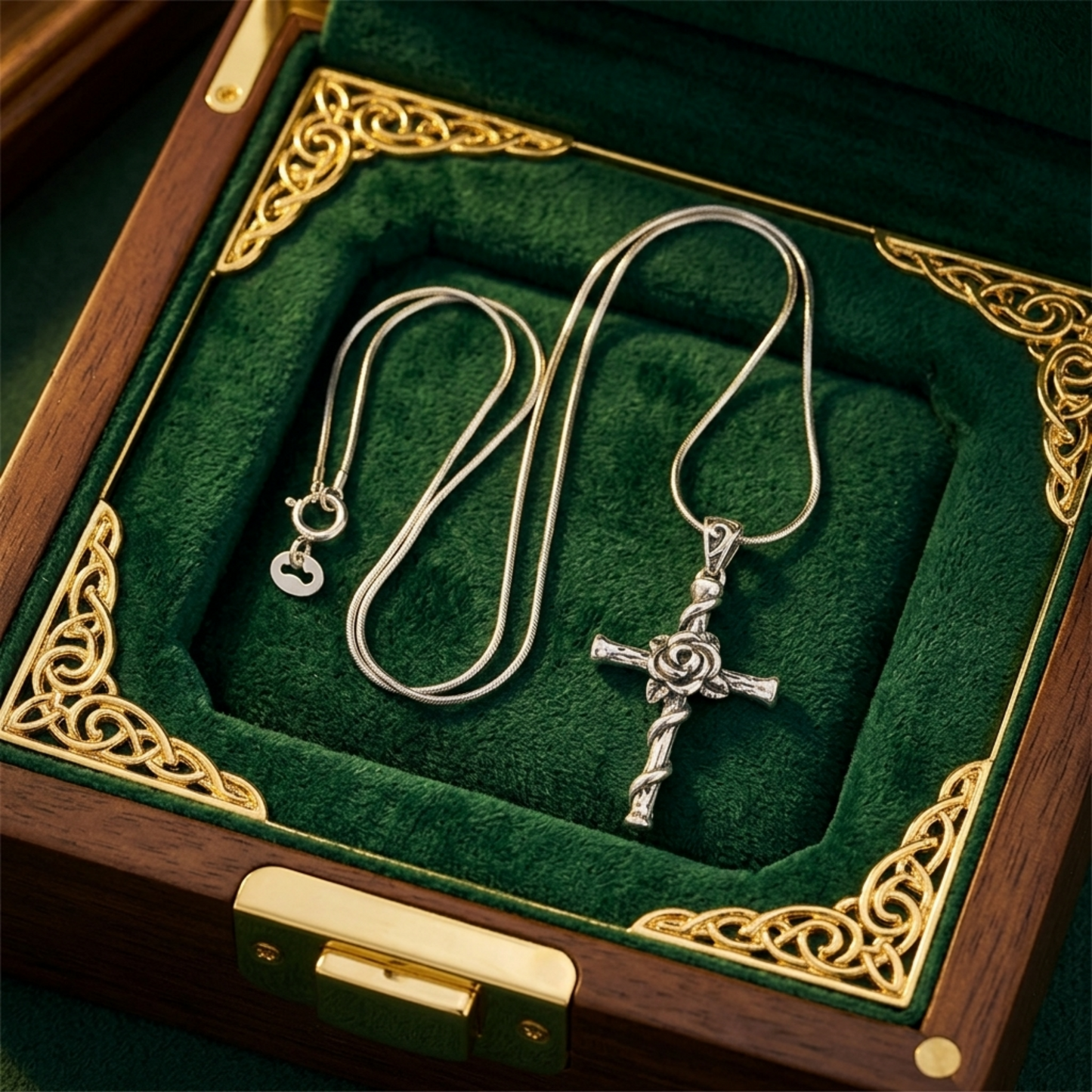 Oxidised Rose Thorn Cross necklace display set, silver-tone chain and pendant inside box