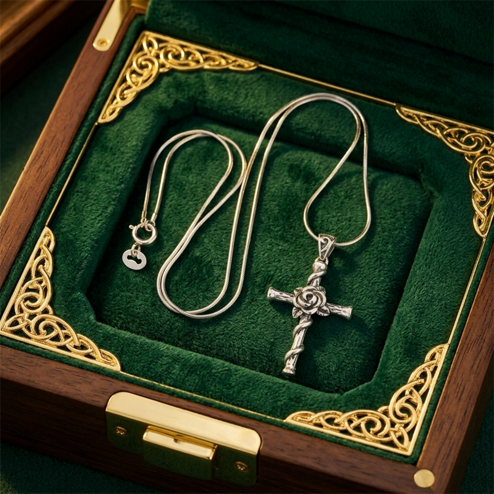 Oxidised Rose Thorn Cross necklace display set, silver-tone chain and pendant inside box