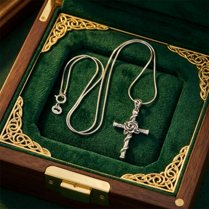 Oxidised Rose Thorn Cross necklace display set, silver-tone chain and pendant inside box
