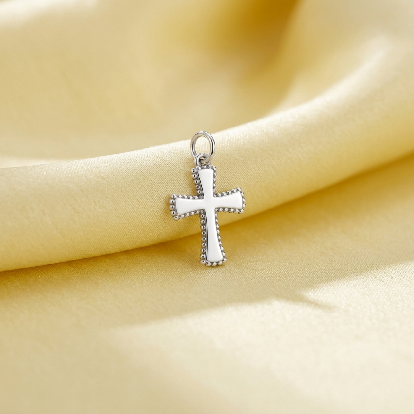 Oxidised beaded cross charm pendant with hanging loop, studded beaded edge, silver-tone