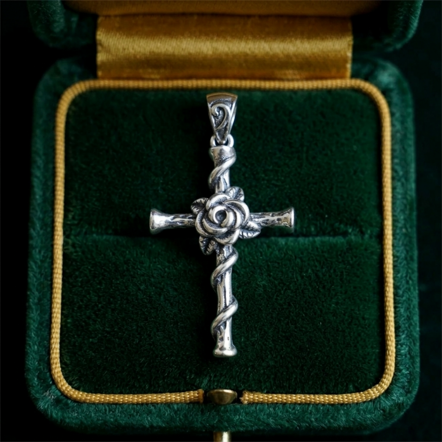 Oxidised Rose Thorn Cross pendant in a gift box, twisted cross with rose center detail