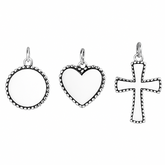 Sterling Silver 11mm Shiny Beaded Edge Charm Cross / Heart / Circle Pendant