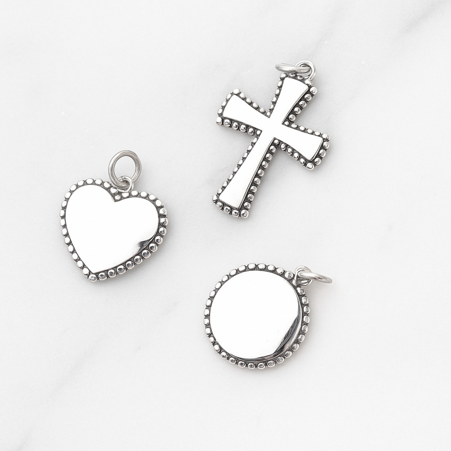 Sterling Silver 11mm Shiny Beaded Edge Charm Cross / Heart / Circle Pendant