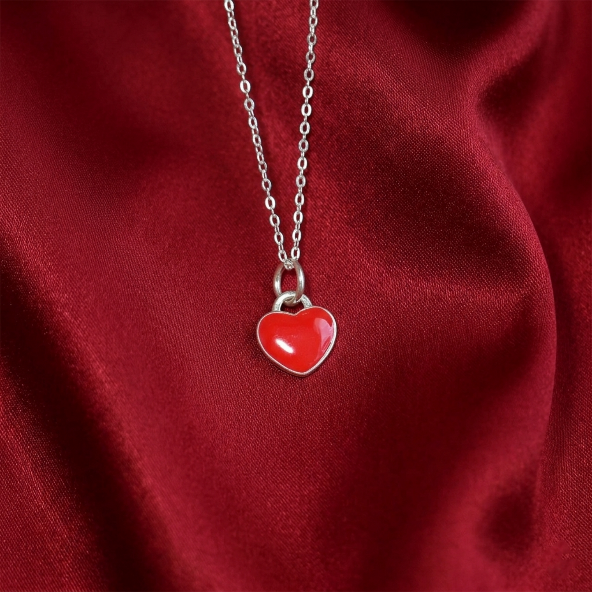 Red heart charm on silver chain necklace, small heart with glossy glaze