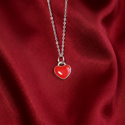 Red heart charm on silver chain necklace, small heart with glossy glaze
