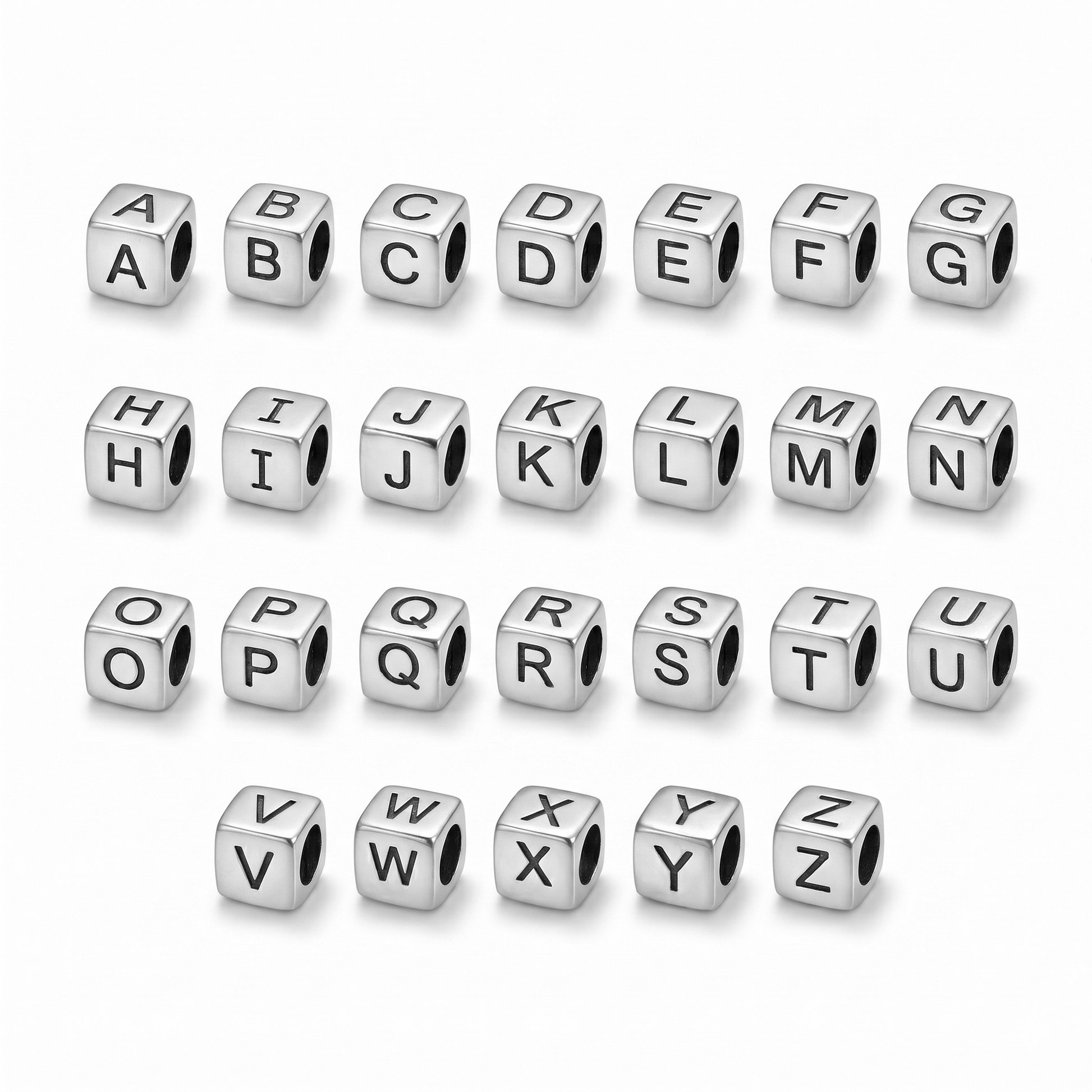 A-Z alphabet cube beads set, metal cubes with letters A–N and O–Z visible