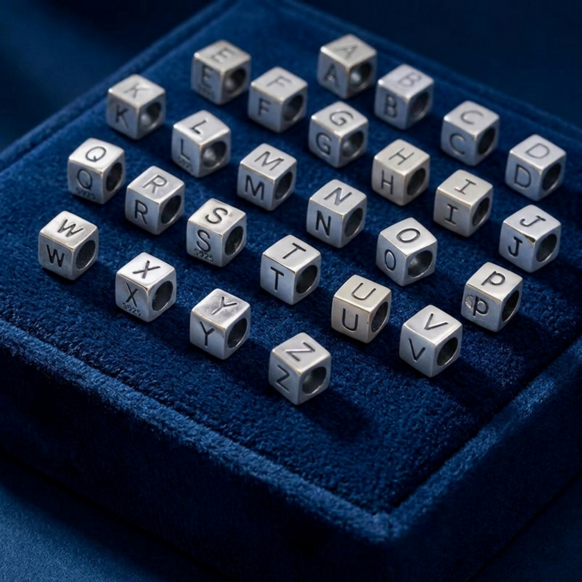 Alphabet cube beads on blue velvet, metal cubes with engraved letters A–Z