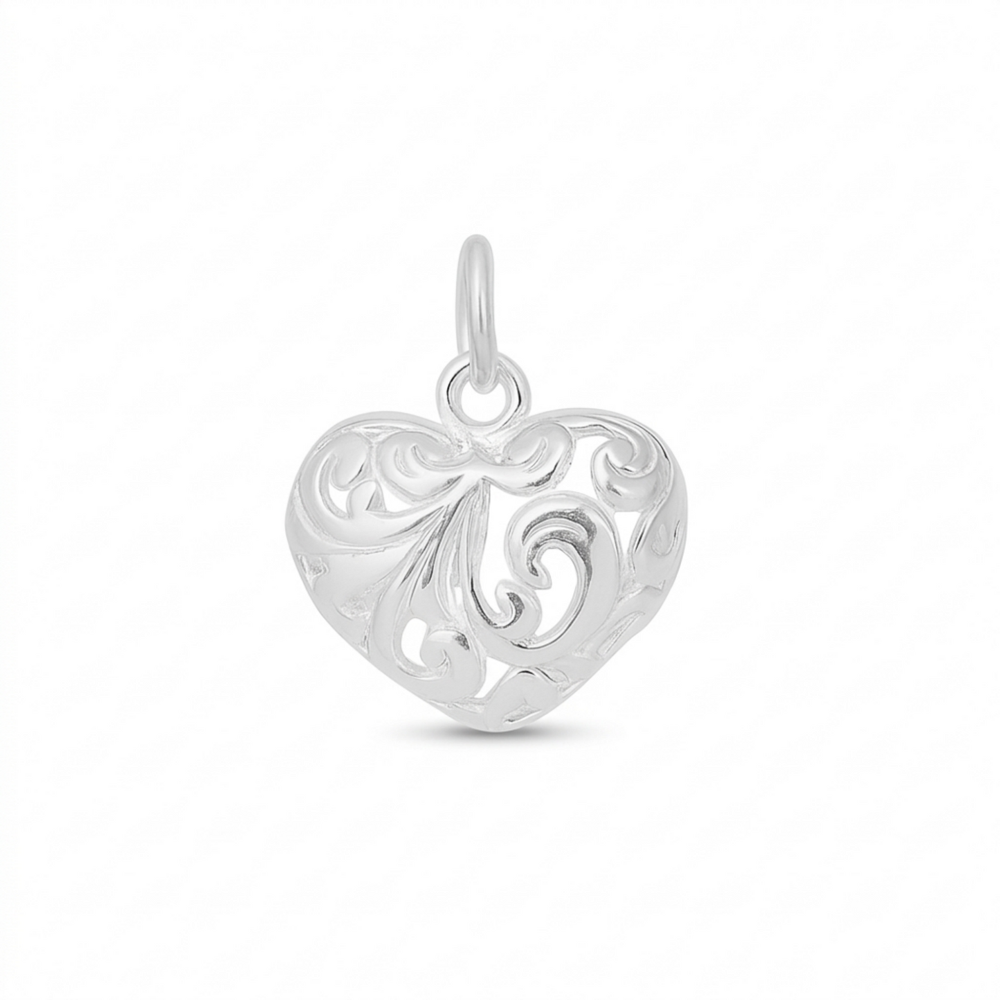 Filigree floral puffy heart pendant with bail, silver-tone