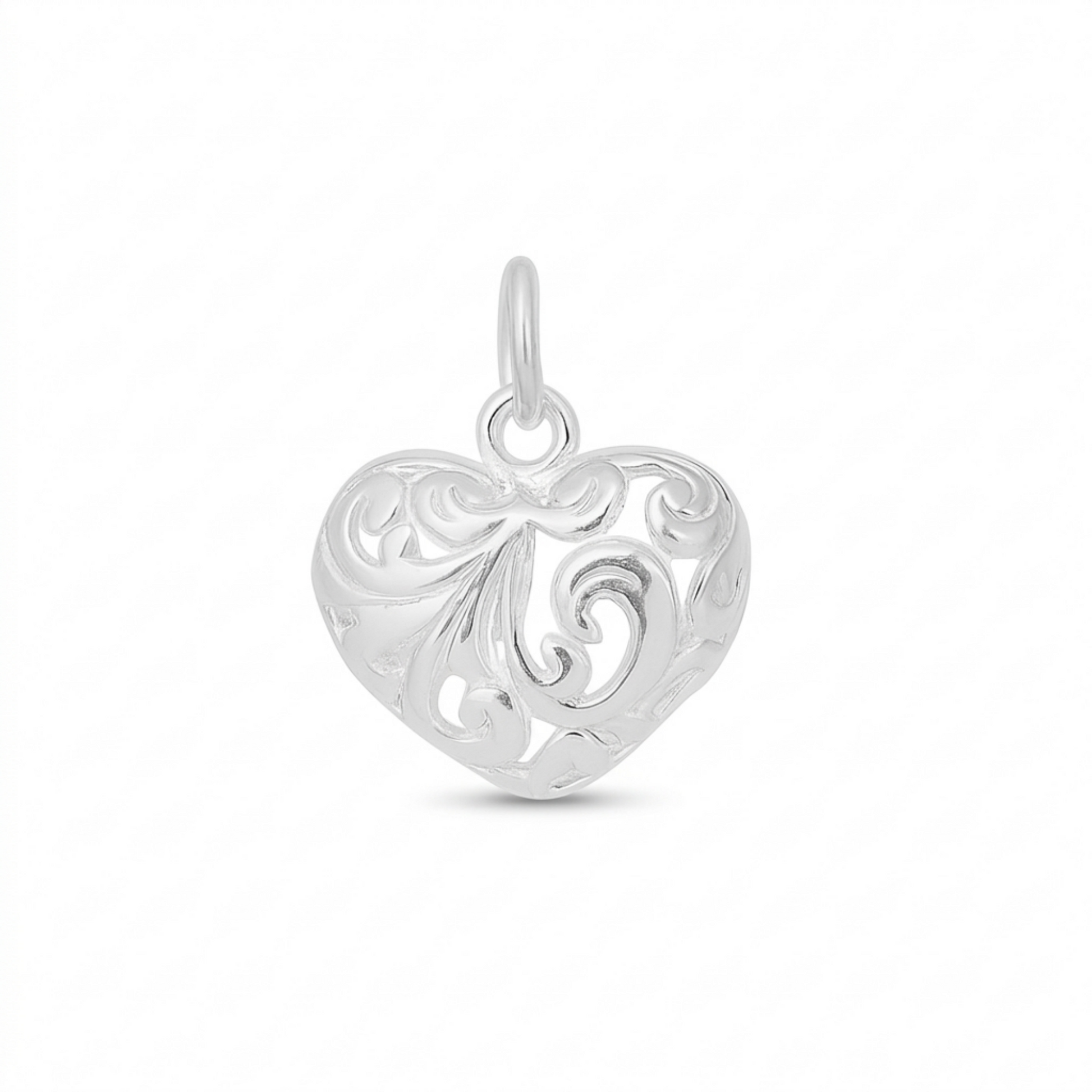 Filigree floral puffy heart pendant with bail, silver-tone
