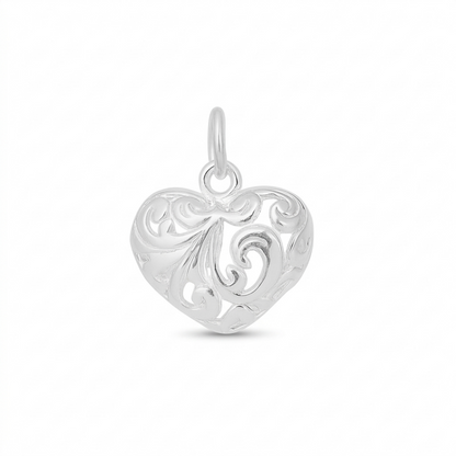 Filigree floral puffy heart pendant with bail, silver-tone