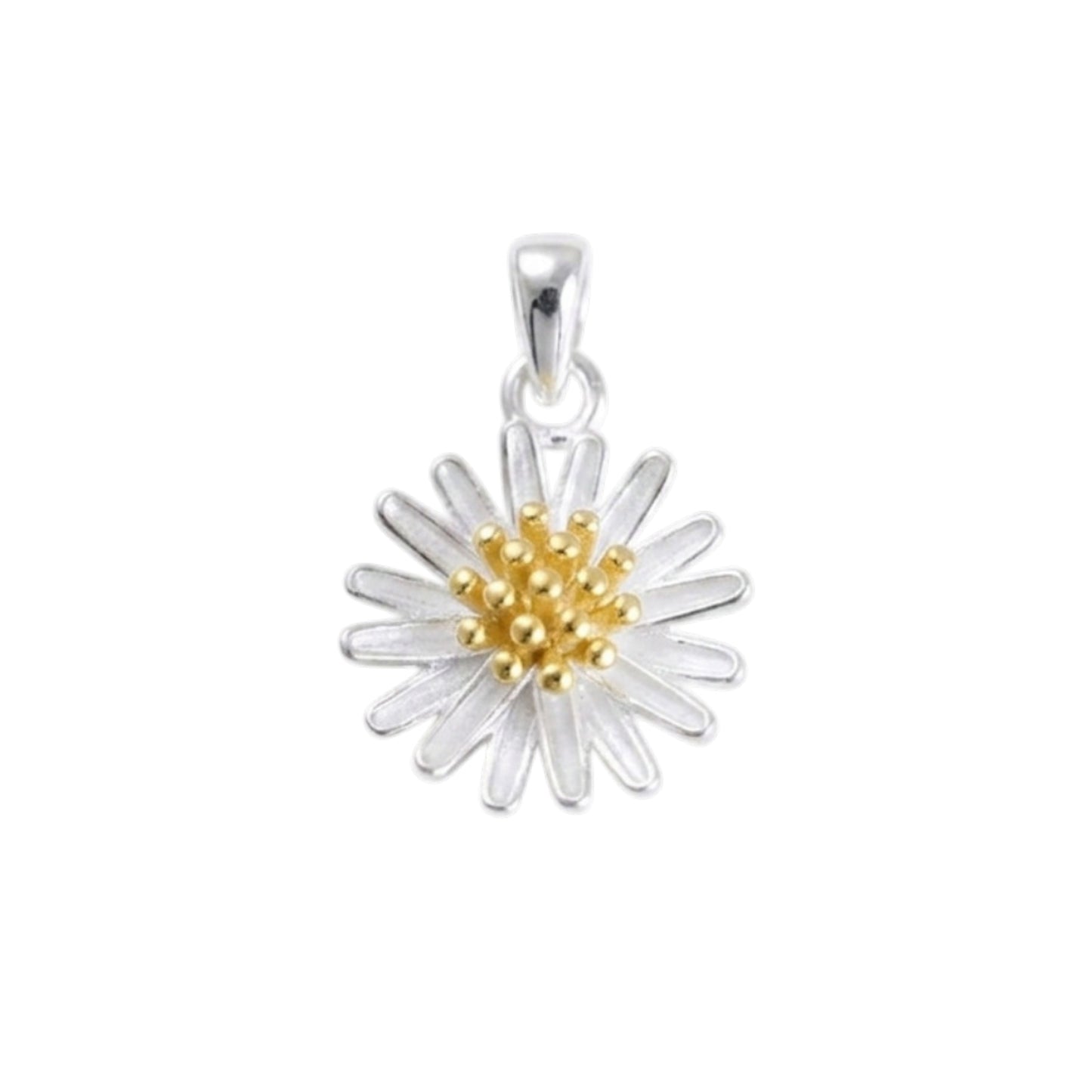 Silver daisy flower pendant with gold center, bail at top