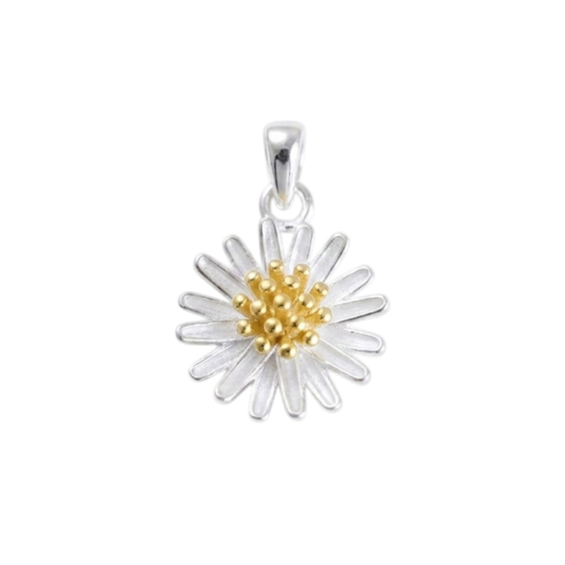 Silver daisy flower pendant with gold center, bail at top