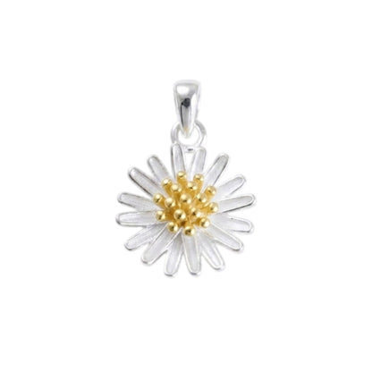 Silver daisy flower pendant with gold center, bail at top
