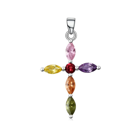 Sterling Silver Muti-Coloured CZ Cross Necklace Pendant