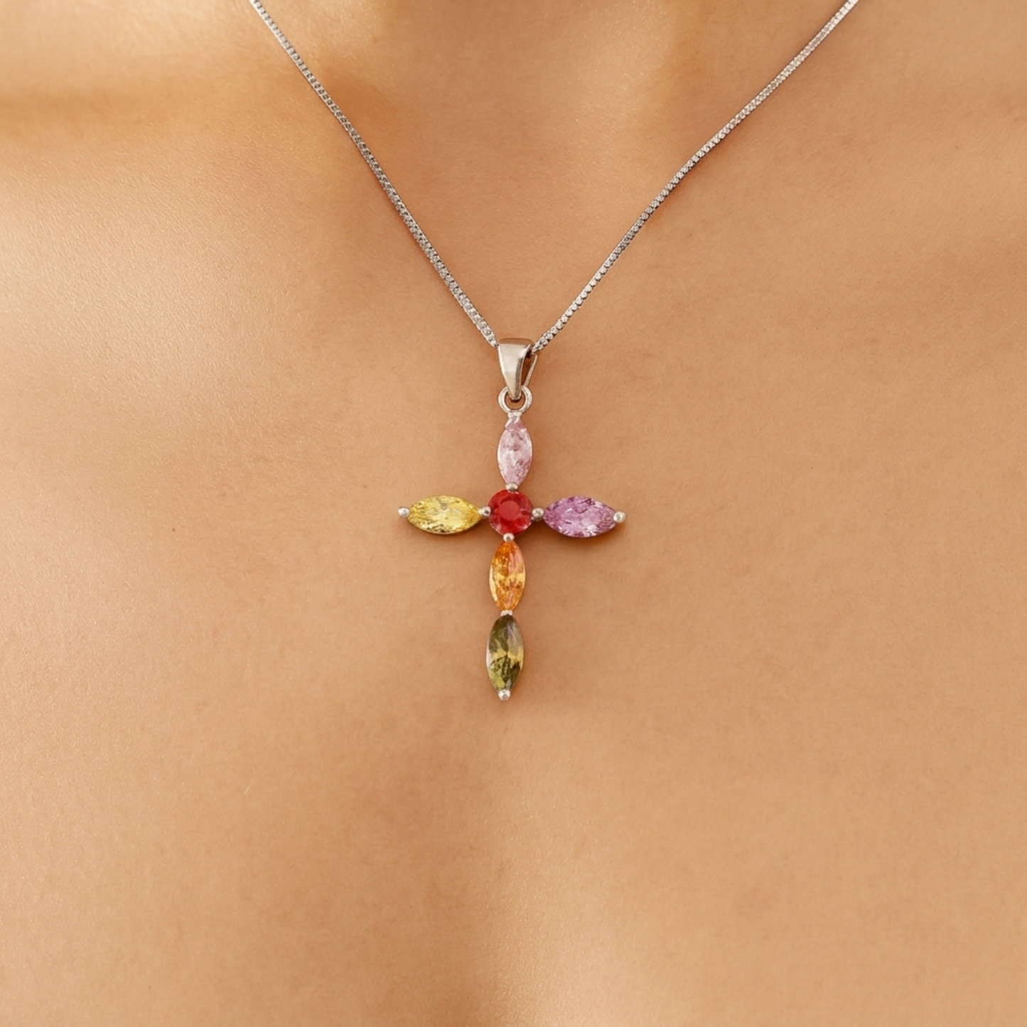 Multi-colored CZ cross pendant with silver chain, multicolor stone cross