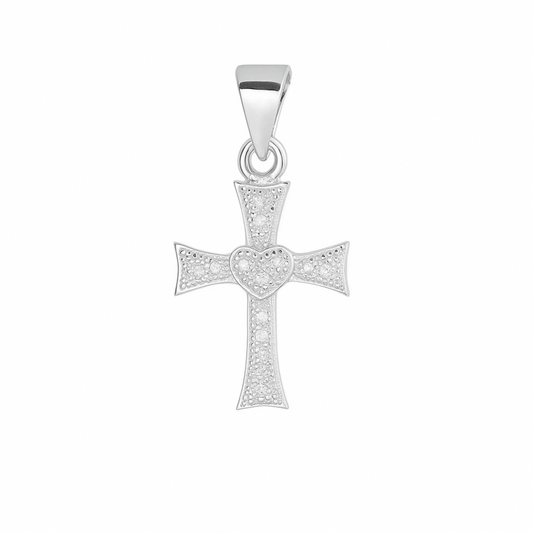 Sterling Silver Heart Cross Paved CZ Pendant Necklace
