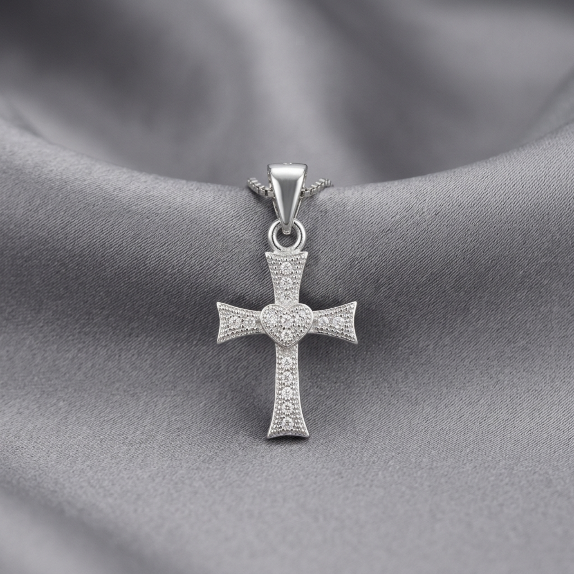 Heart cross CZ pendant on chain, silver-tone cross with pavé heart center
