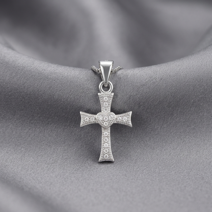 Heart cross CZ pendant on chain, silver-tone cross with pavé heart center