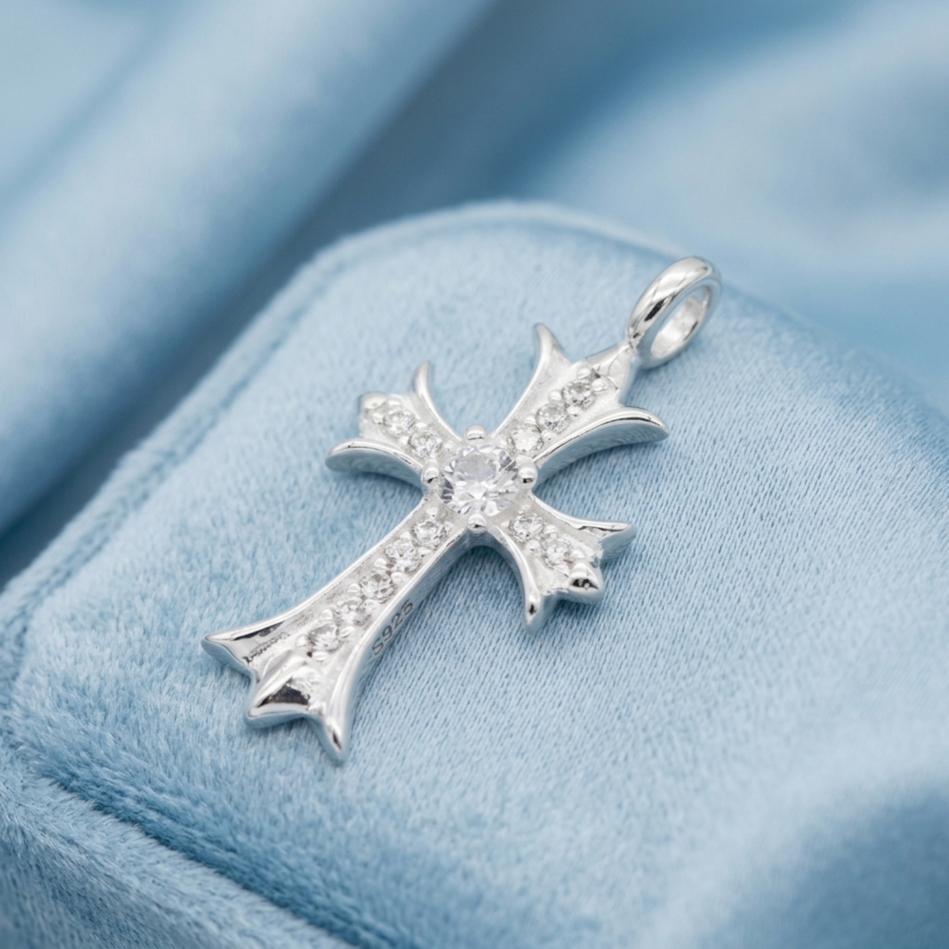 Silver CZ cross pendant with “S925” marking on the bail side