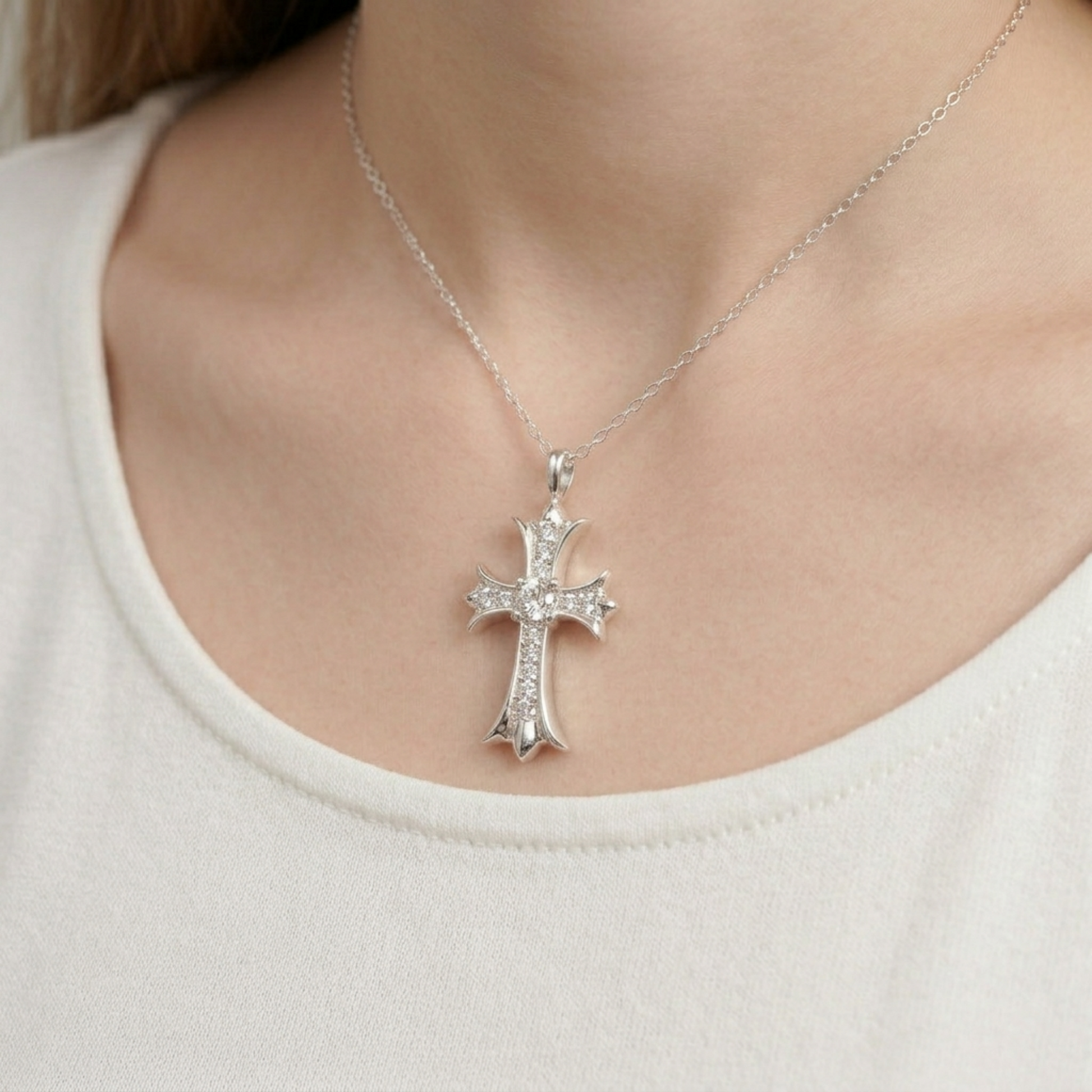 Silver cross pendant necklace with CZ stones on a fine chain