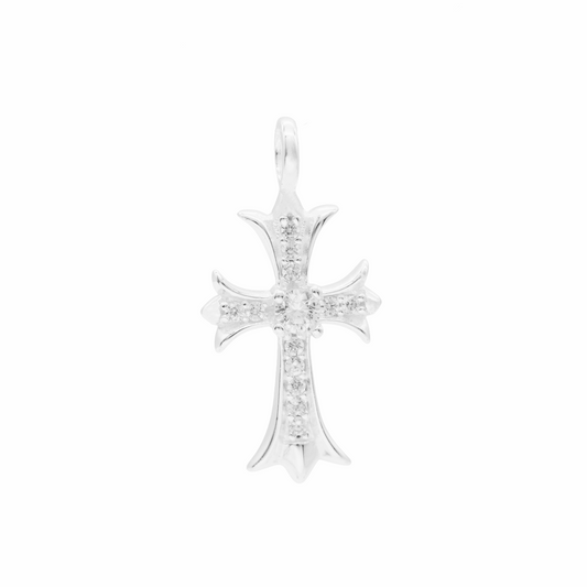 Sterling Silver Fleury Cross Pendant with Clear CZ Stones – 28 mm