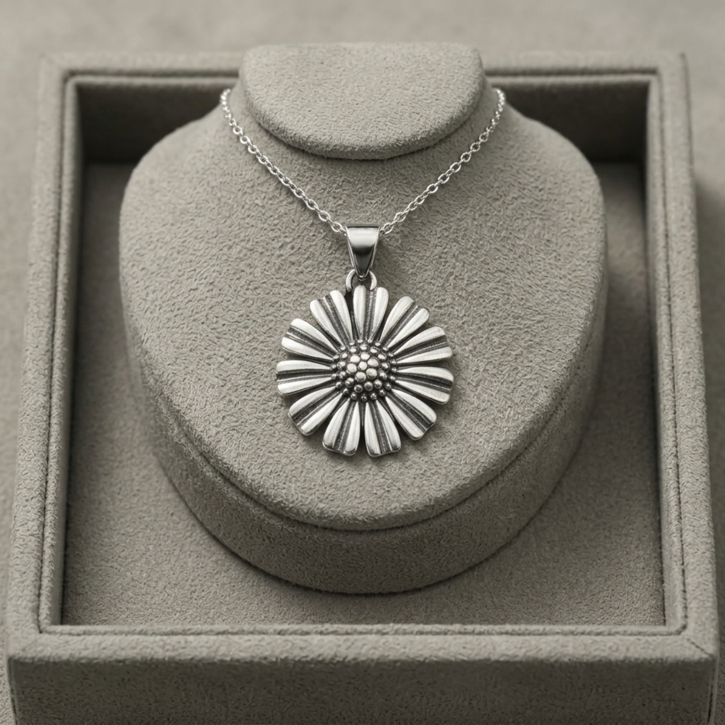 Retro daisy pendant on chain, round bead center and fan-like petal rays