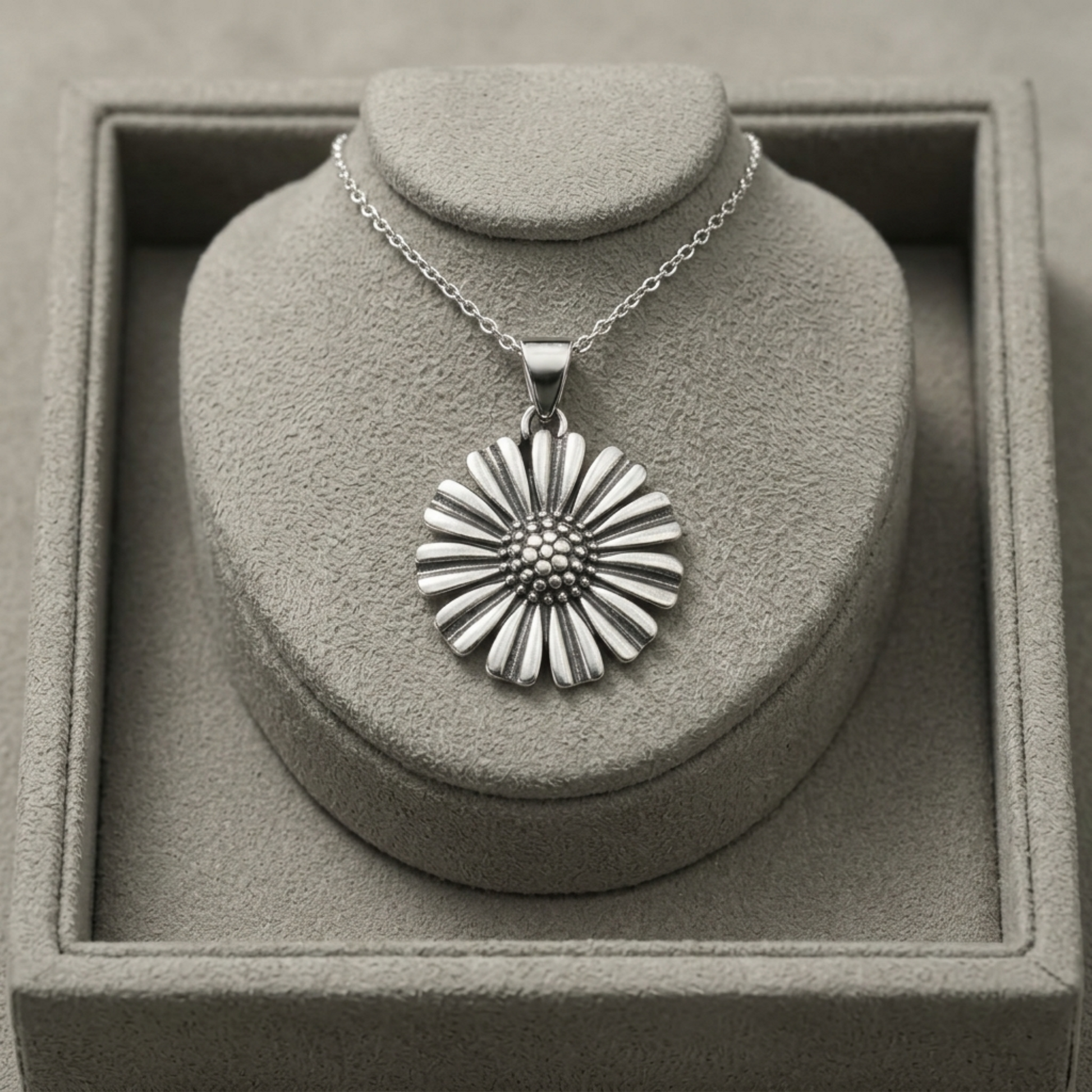 Retro daisy pendant on chain, round bead center and fan-like petal rays