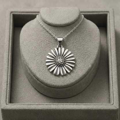 Retro daisy pendant on chain, round bead center and fan-like petal rays