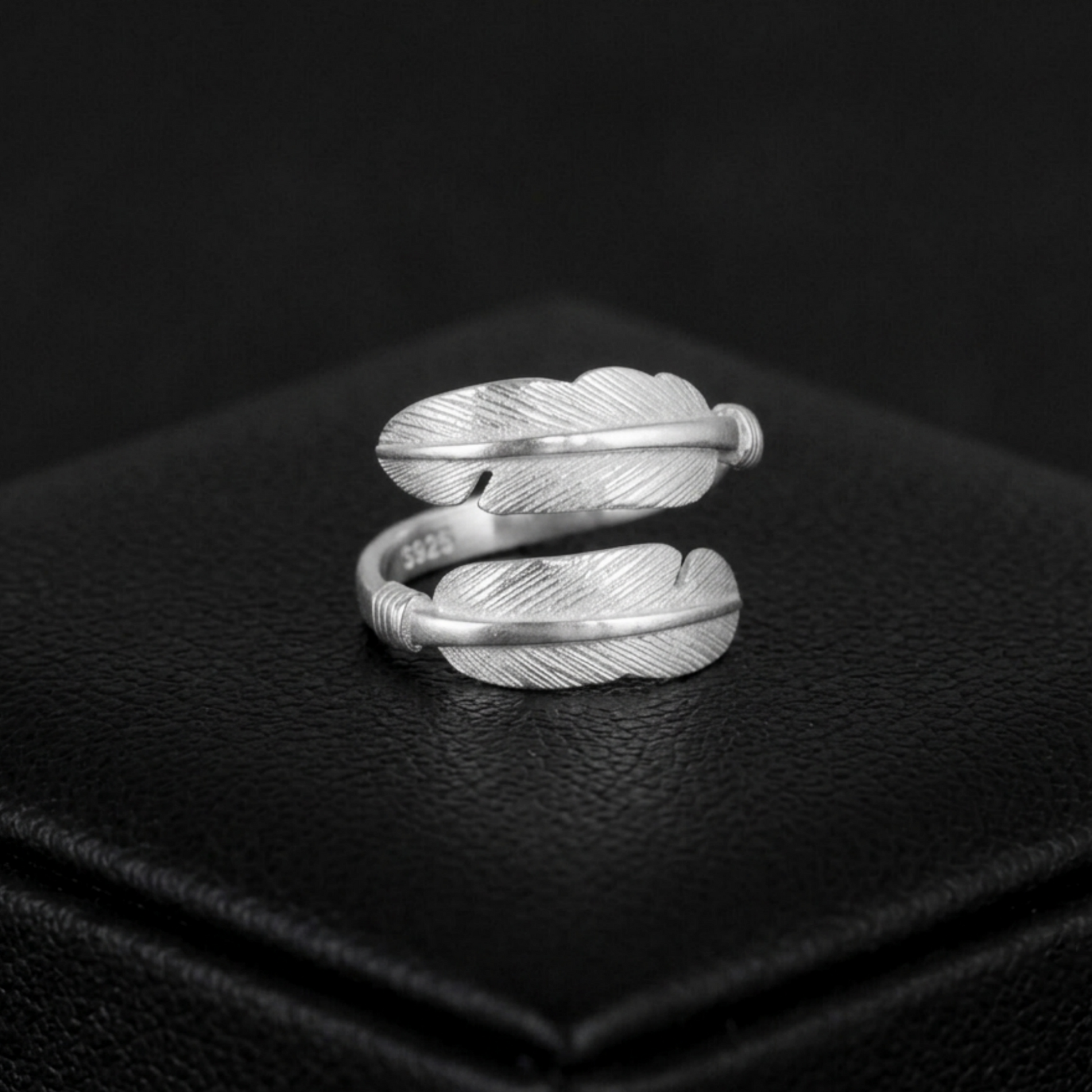 Wide double feather open band ring, textured silver tone