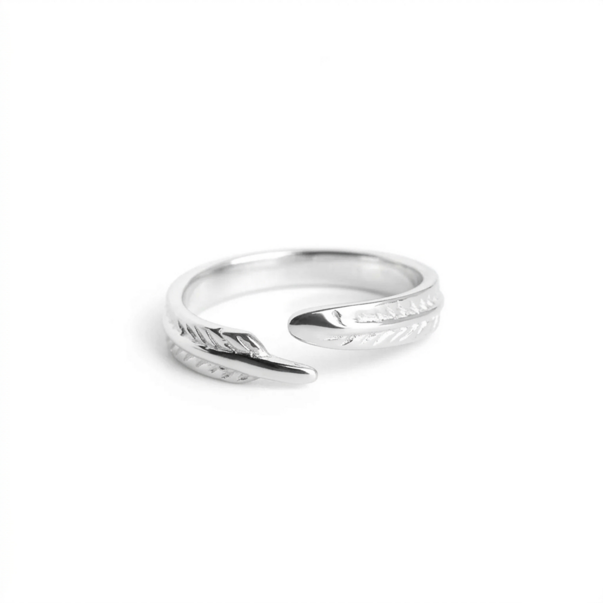 Angel feather wing open ring, curved feather detailing on the silver-tone band