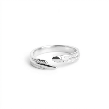 Angel feather wing open ring, curved feather detailing on the silver-tone band