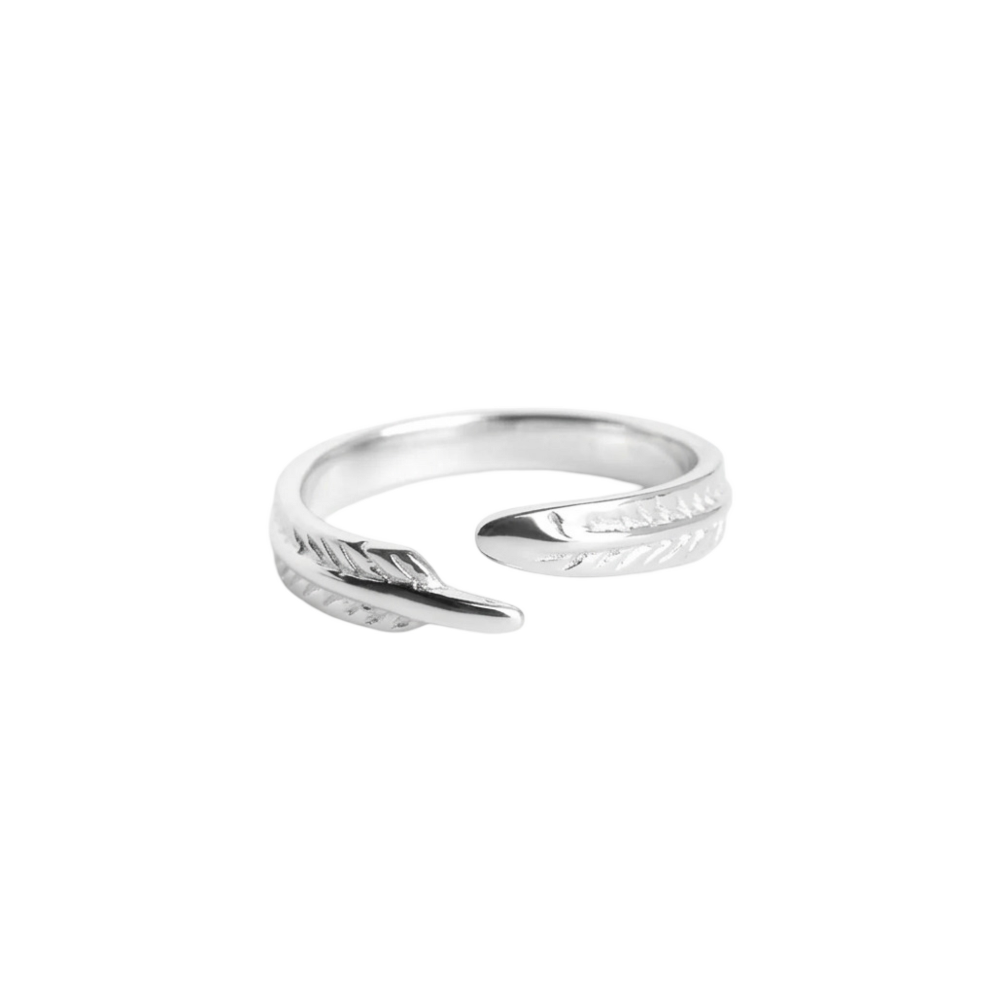 Angel feather wing open ring with etched feather band, silver-tone finish