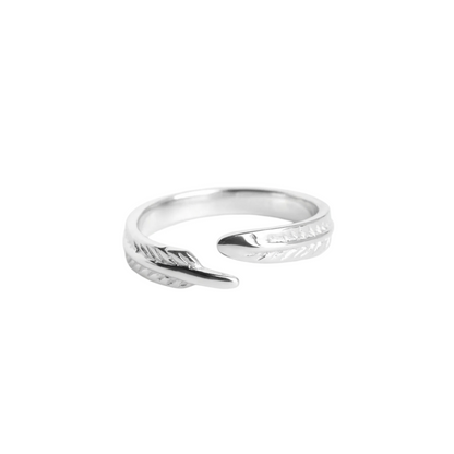 Angel feather wing open ring with etched feather band, silver-tone finish