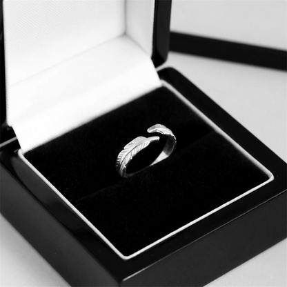 Feather wing open ring with engraved feather texture, silver-tone finish