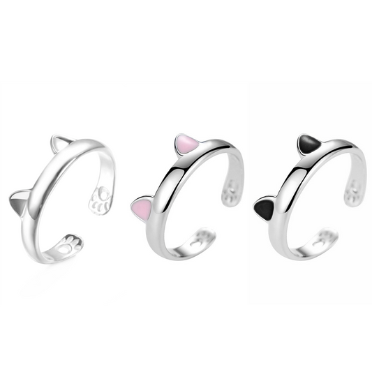 925 Sterling Silver Cat Ear Ring with Pink and Black Glazed Kitten Paw Hug - sugarkittenlondon