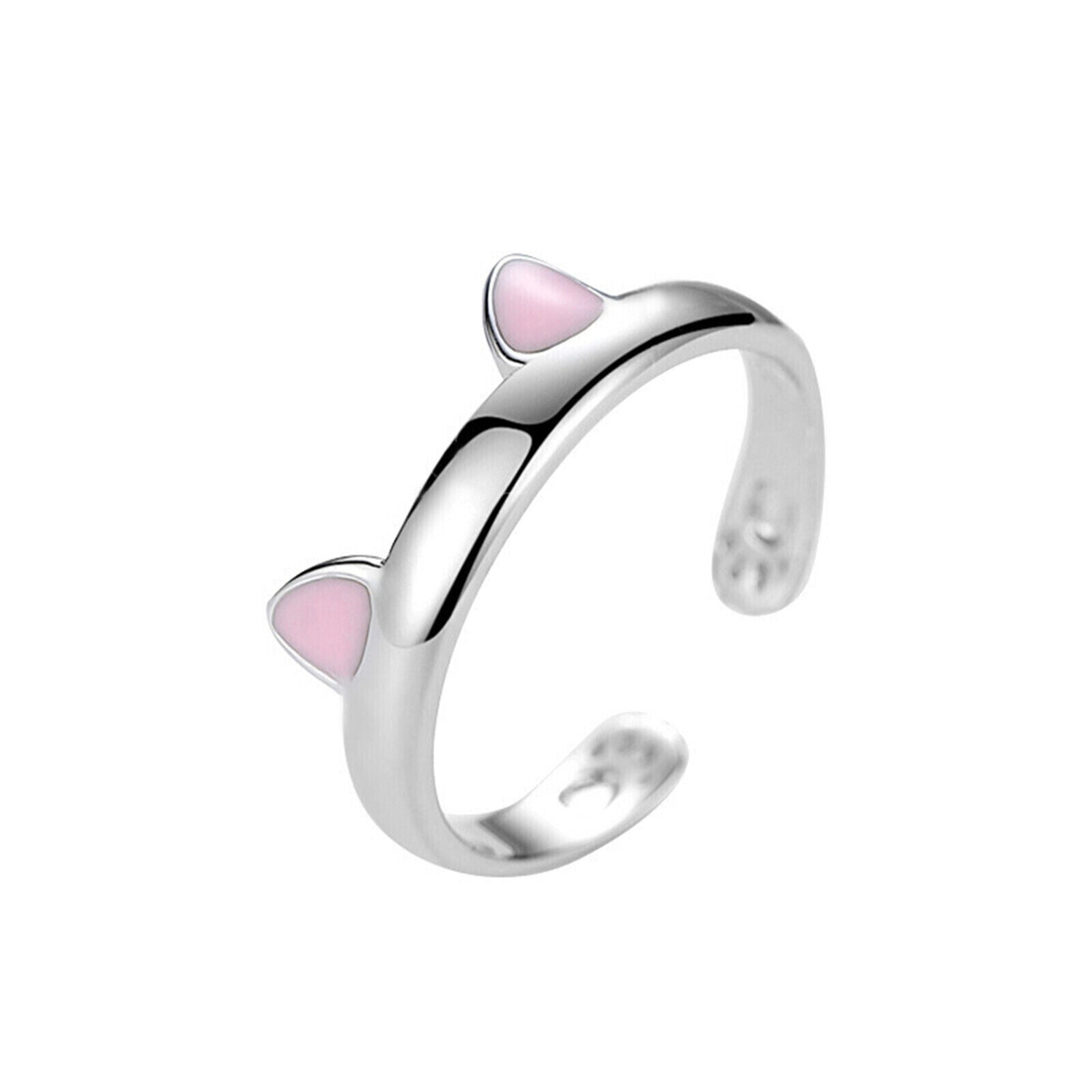 925 Sterling Silver Cat Ear Ring with Pink and Black Glazed Kitten Paw Hug - sugarkittenlondon
