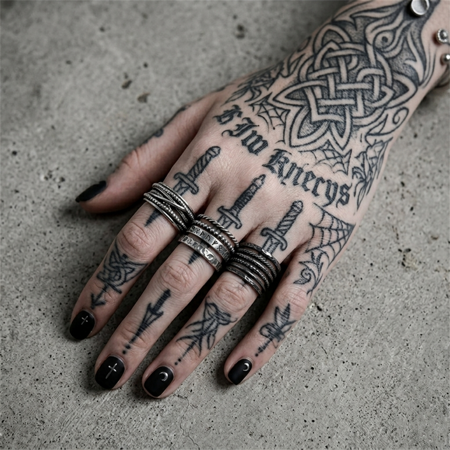 Oxidised rope crossover ring on tattooed hand, stacked rope bands with crossover