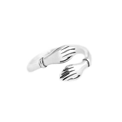 Sterling Silver Shiny Polished Hugging Hands Ring – Friendship Love Gift, Two Finishes