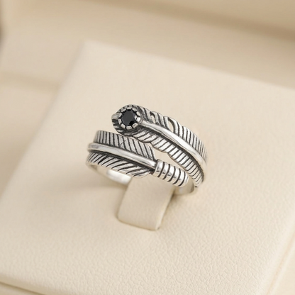 Feather Wrap Ring Black CZ Oxidised