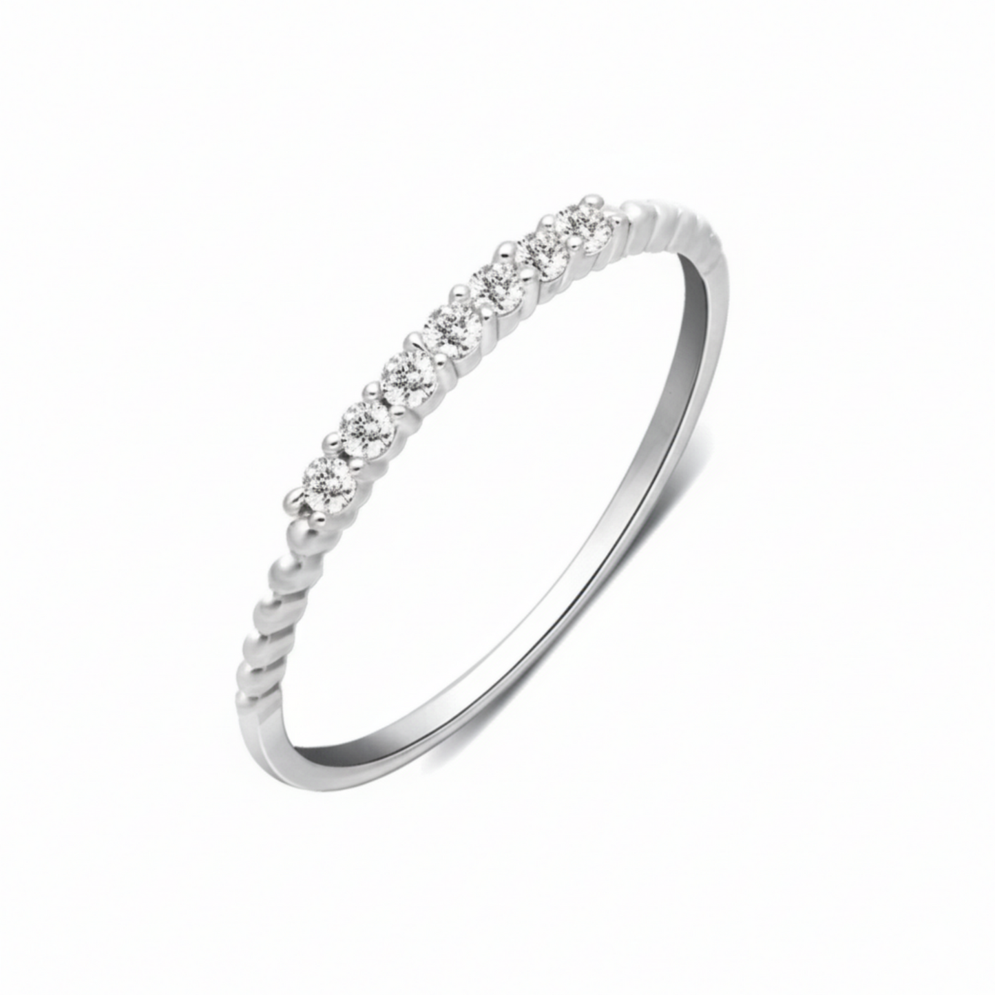 Silver half-eternity beaded ring with clear pavé stones, full side view.