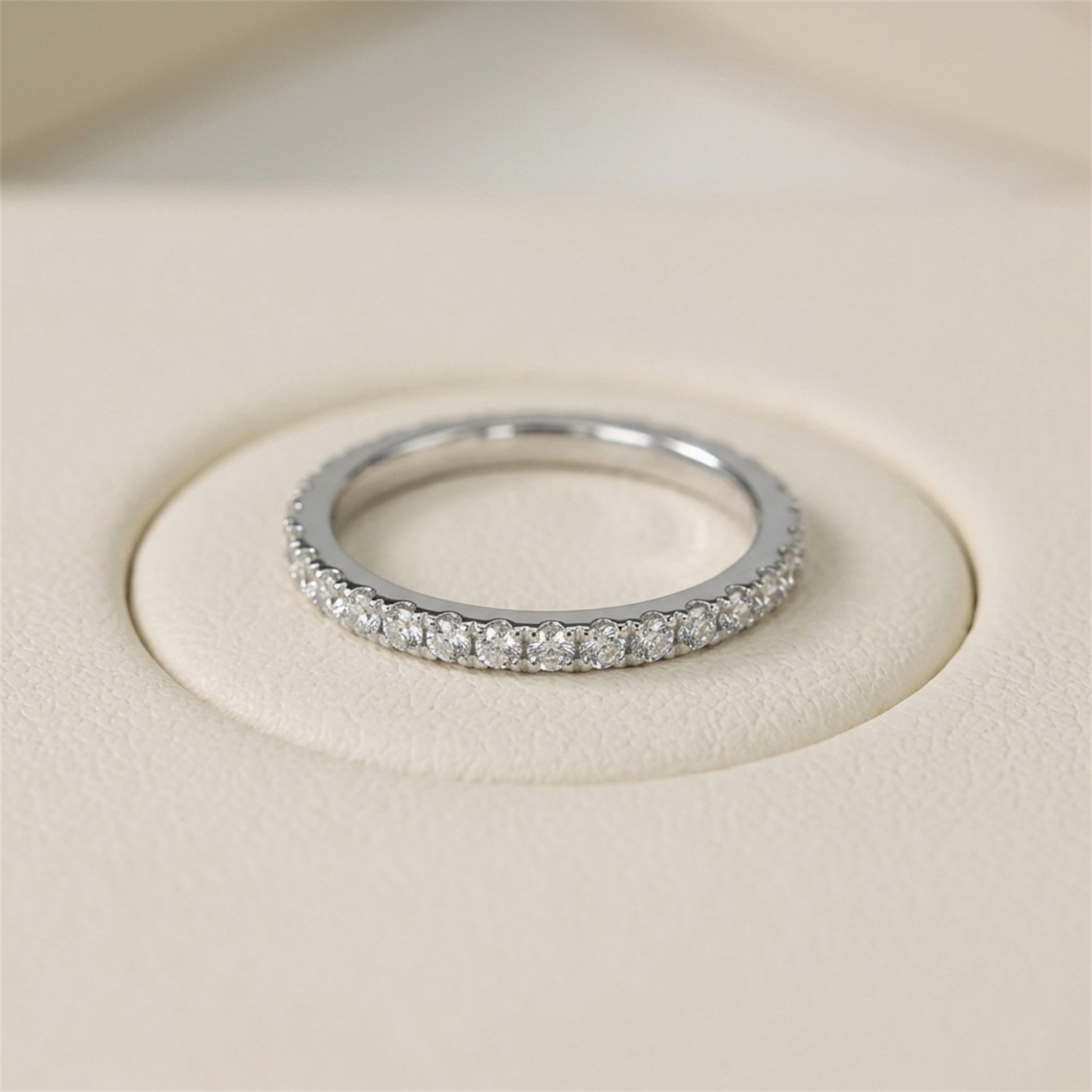 Rhodium CZ eternity band, close-up of full pavé-set stone band