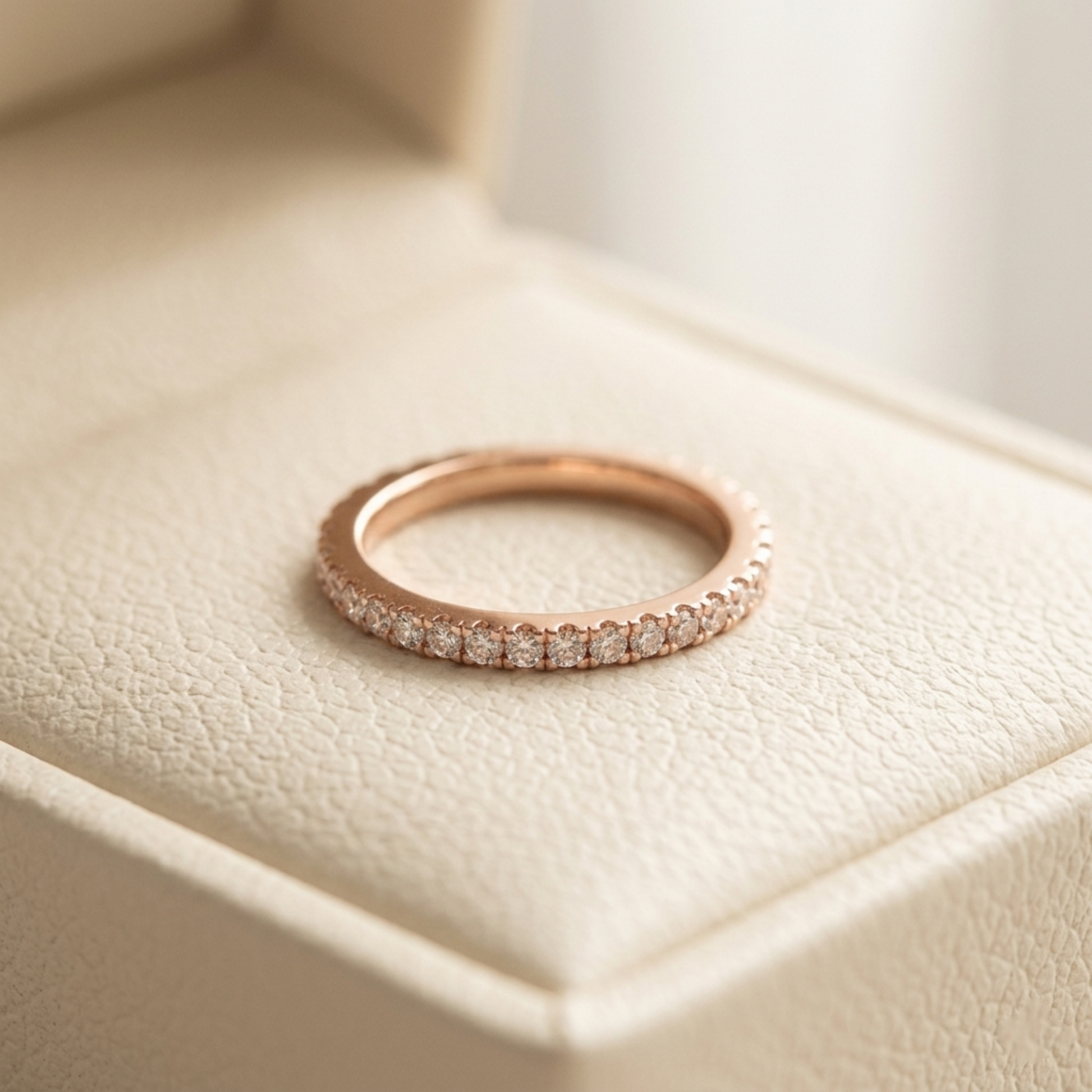 Rose gold CZ eternity band with pavé stones and bright metal rim