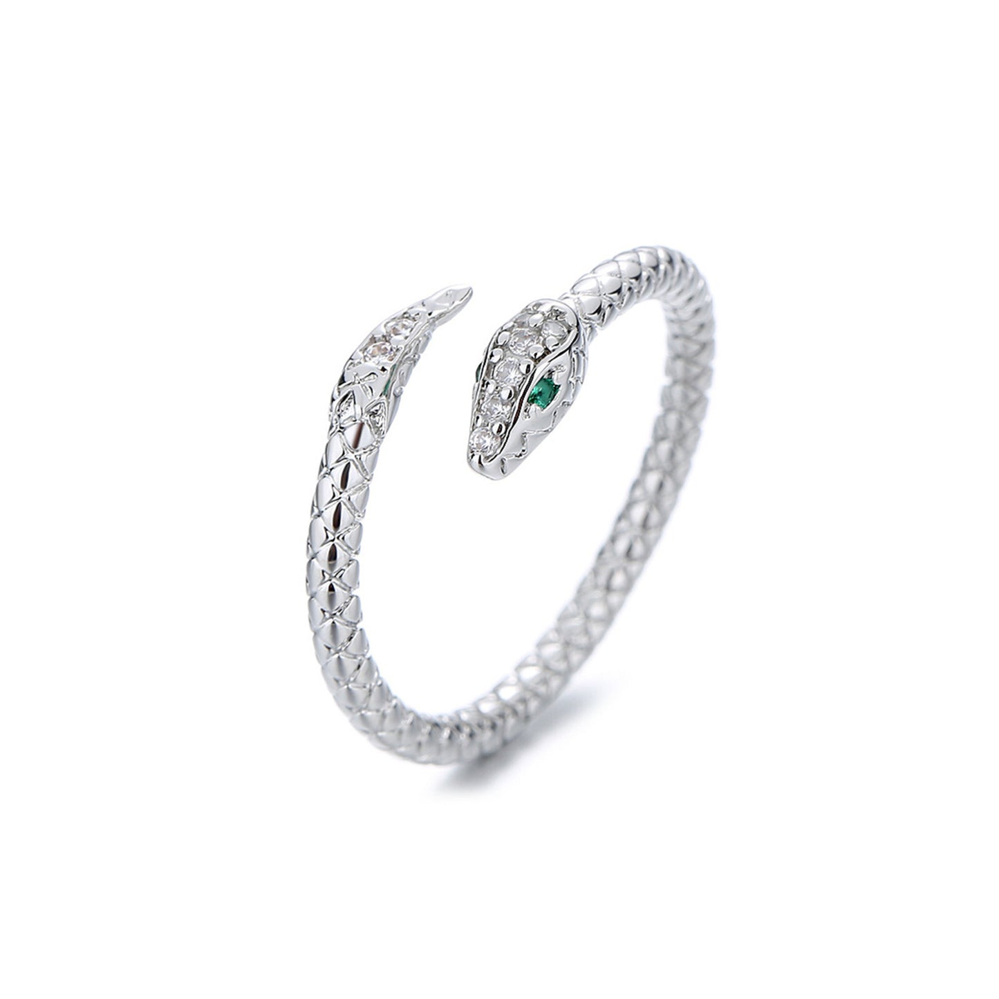 Silver-tone snake wrap ring with green eye and clear stones, open view