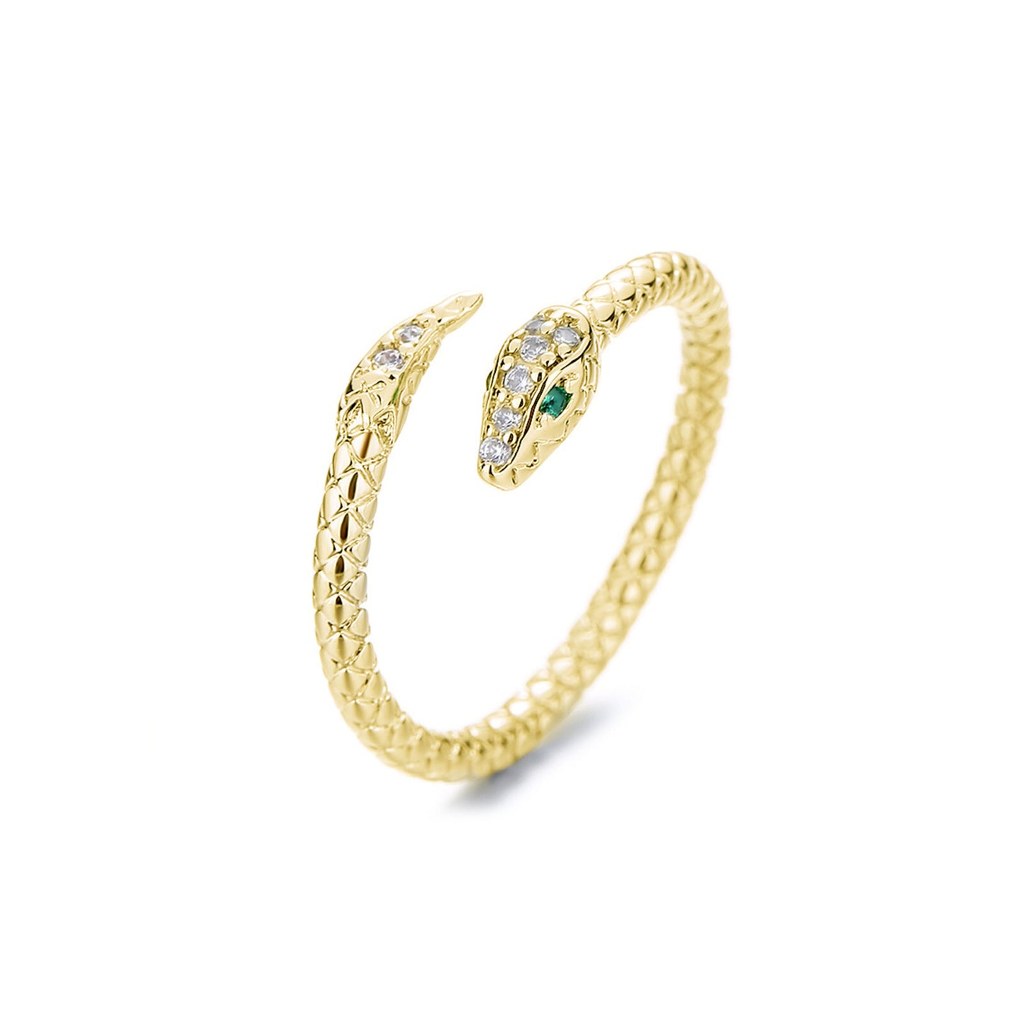 Gold-tone snake wrap ring with green eye and clear stones, open view