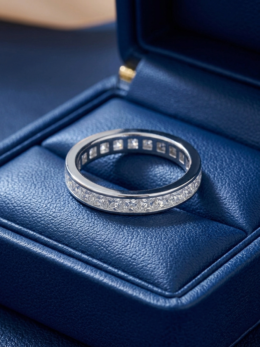 Princess Eternity Ring on box: silver band with princess-cut stone row around